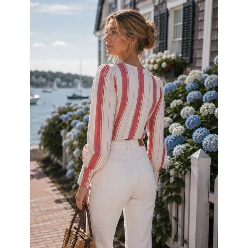 Reformation Finnegan Linen Striped Blouse Top White Red Stripe Size 4 Coastal